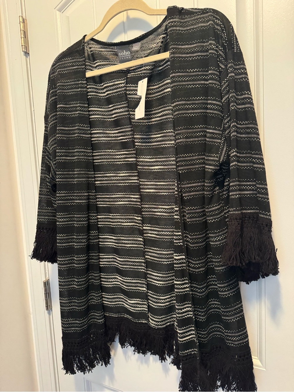 NY&C Soho Jeans Black White Fringe Kimono Cardigan Size L NWT